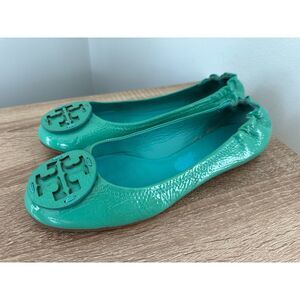 Tory Burch Reva Ballet Flats size 9 Turquoise Green Tumbled Patent Leather Shoes